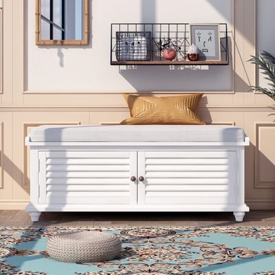Quarte Storage Bench, Wooden Entryway Bench with Removable Cushion and Two Doors, Louver Design Shoe Bench for Hallway/Living Room Bedroom/Home Collection (White + Wood)