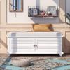 Quarte Storage Bench, Wooden Entryway Bench with Removable Cushion and Two Doors, Louver Design Shoe Bench for Hallway/Living Room Bedroom/Home Collection (White + Wood) view 1