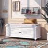 Quarte Storage Bench, Wooden Entryway Bench with Removable Cushion and Two Doors, Louver Design Shoe Bench for Hallway/Living Room Bedroom/Home Collection (White + Wood) view 3