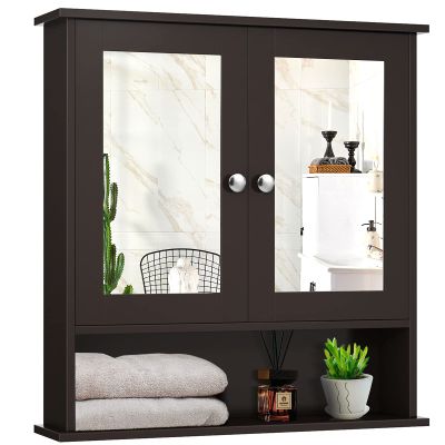 Rainfally 2-Door Mirrored Bathroom Cabinet, Wooden Wall Mounted Cabinet w/2 Mirror Doors & 2-Tier Adjustable Interior Shelves & Open Shelf, Storage Organizer for Bathroom, Kitchen, Bedroom (Brown)
