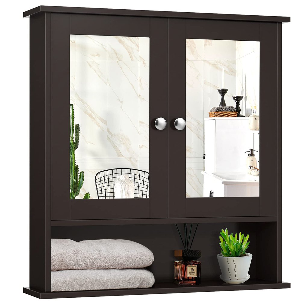 Rainfally 2-Door Mirrored Bathroom Cabinet, Wooden Wall Mounted Cabinet w/2 Mirror Doors & 2-Tier Adjustable Interior Shelves & Open Shelf, Storage Organizer for Bathroom, Kitchen, Bedroom (Brown)
