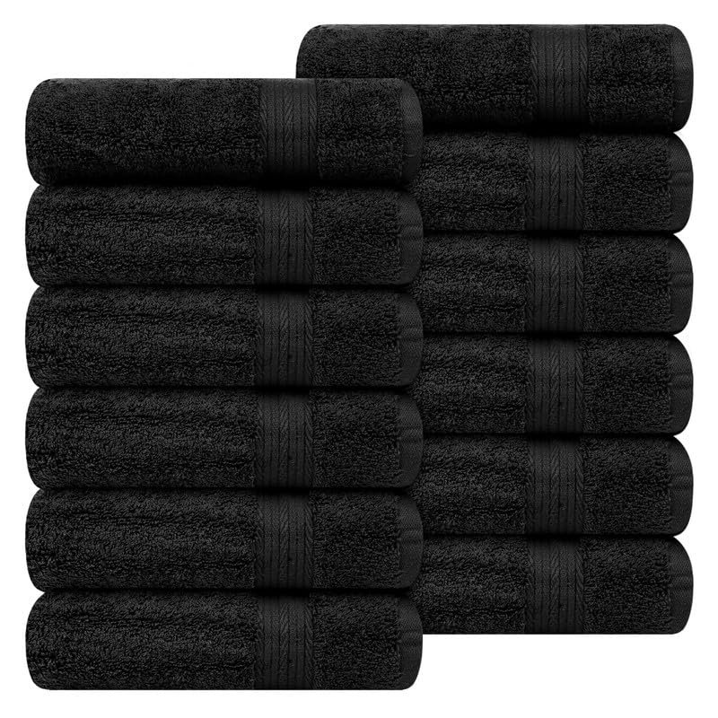 Ample Decor Hand Towel 18 X 28 Inch Pack of 12 600 GSM 100% Cotton, Soft Absorbent Thick Durable Premium Quality, for Hotel, Bathroom, Spa, Daily Use, Gym - Machine Washable - Black