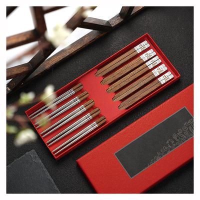 5 Pair Portable Chopsticks Set, Reusable Stainless Steel Chopstick with Wenge Wooden Handle for Home, Office