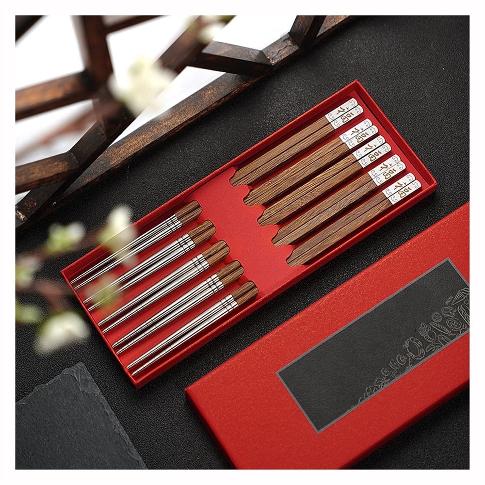 5 Pair Portable Chopsticks Set, Reusable Stainless Steel Chopstick with Wenge Wooden Handle for Home, Office
