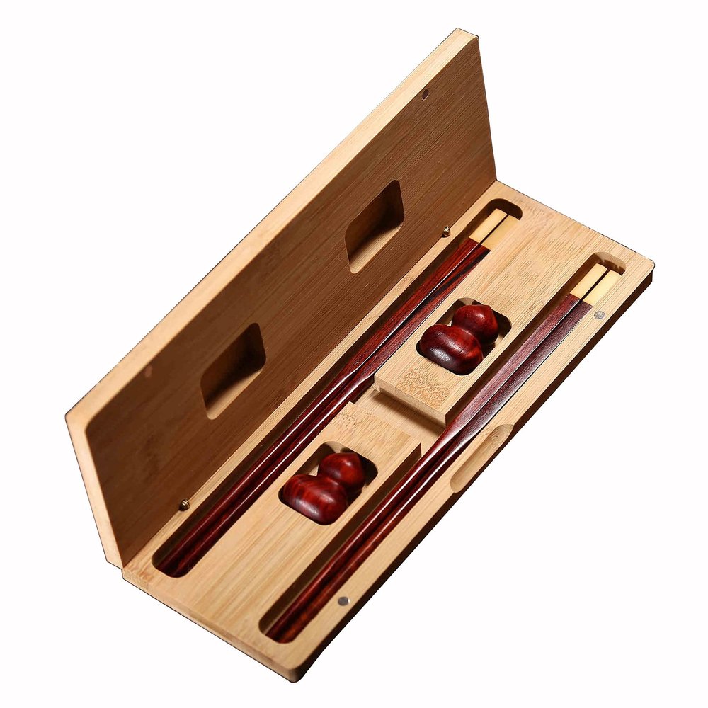 2-Pairs Wooden Chopsticks With Chopstick Rests, 9.84 Inches Reusable Natural Red Rosewood Chinese Non-slip Chopsticks Set