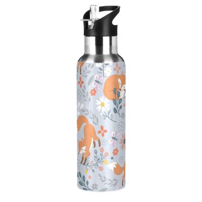 Fox Water Bottle Kids Fox Bottle with Straw Lid Cute Forest Animals Leakproof Insulated Stainless Steel Water Flask for Sport Gym Outdoor 20 oz