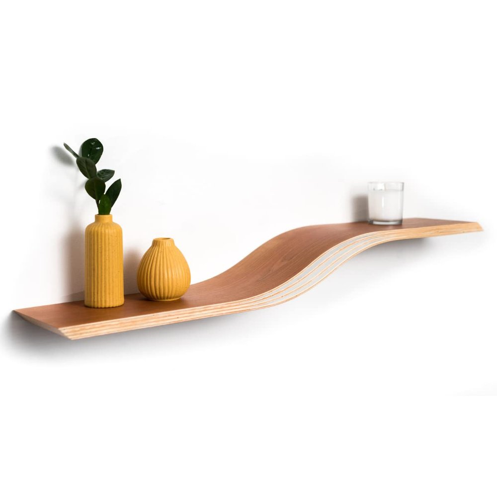 EWART WOODS Wooden Floating Wall Mount Shelf, 36 inch Wide, Unique Design Hanging Bookshelves Made of Natural Cherry Wood, Curved Design Shelves for Living Room, Office