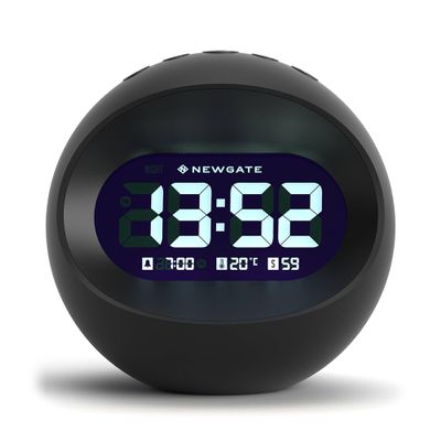 NEWGATE Centre of The Earth Alarm Clock | Round Retro Digital LCD Clock | Black | Ideal for Bedside, Desk or Shelf | Retro Bedroom & Office Accessory