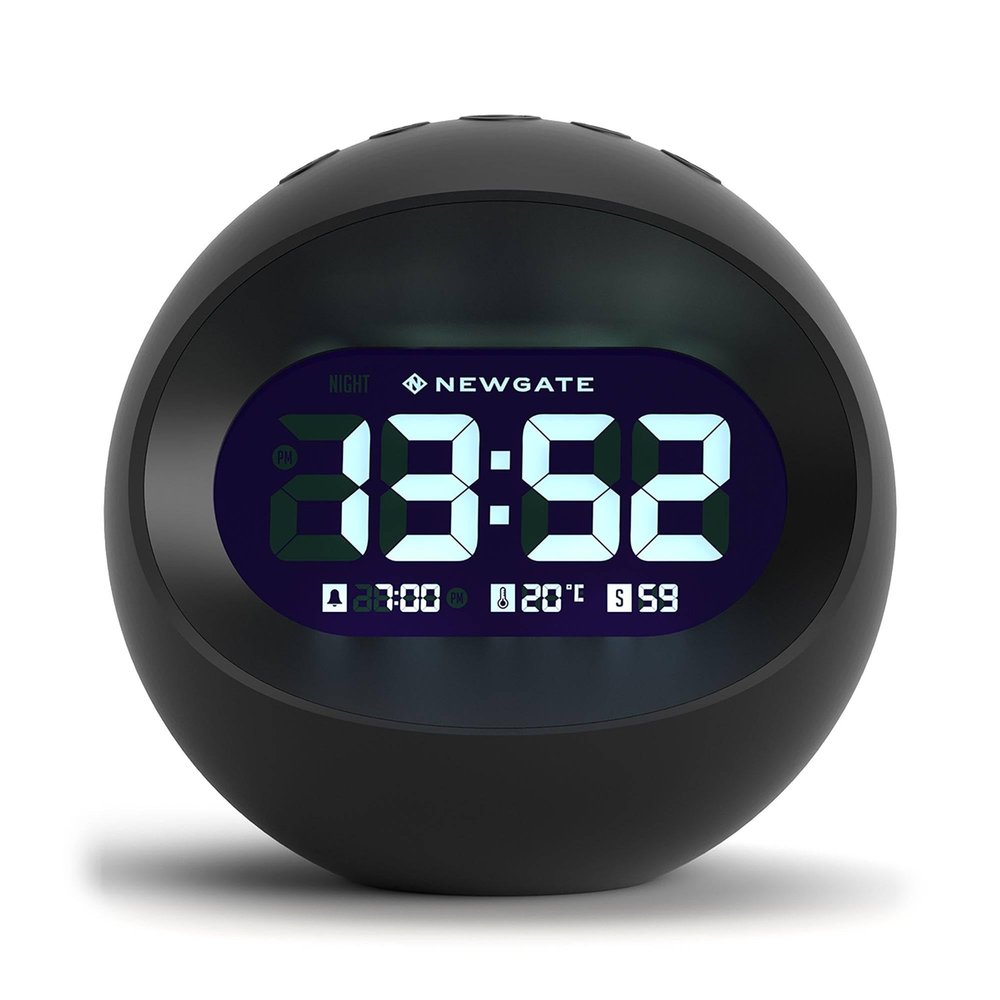 NEWGATE Centre of The Earth Alarm Clock | Round Retro Digital LCD Clock | Black | Ideal for Bedside, Desk or Shelf | Retro Bedroom & Office Accessory