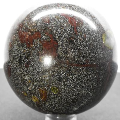 2.2" 290g Silverish w/Red & Green Dragon Blood Stone Sphere Polished Natural Sparkling Gemstone Crystal Mineral Ball - S. Africa + Stand