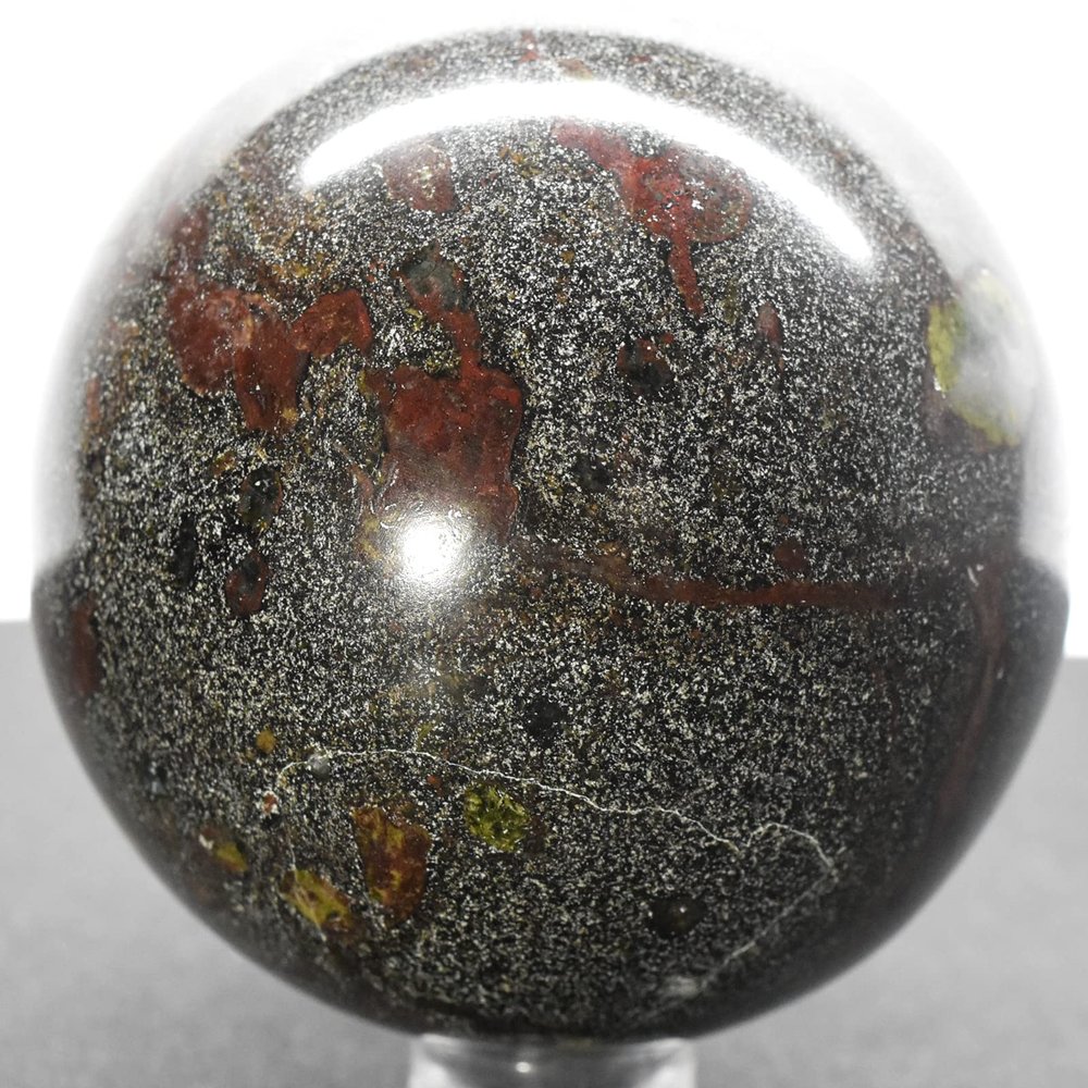 2.2" 290g Silverish w/Red & Green Dragon Blood Stone Sphere Polished Natural Sparkling Gemstone Crystal Mineral Ball - S. Africa + Stand