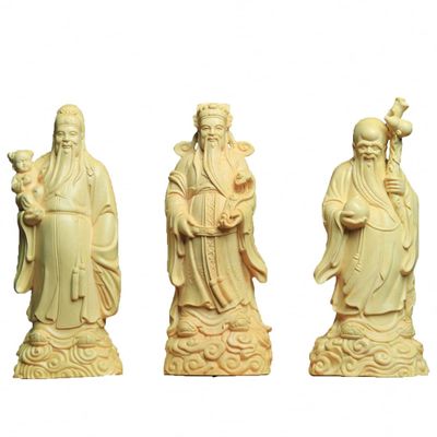 3PCS Natural Boxwood Hand Carved Fukurokuju Longevity Fu Lu Shou Life Star God Statue Sets(All 3 Statues Sets)