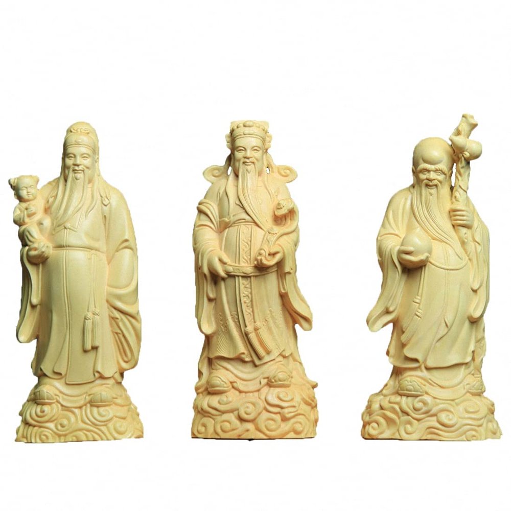 3PCS Natural Boxwood Hand Carved Fukurokuju Longevity Fu Lu Shou Life Star God Statue Sets(All 3 Statues Sets)