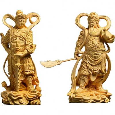 A Pair Natural Boxwood Hand Carved Garan & Wei Tuo Bodhisattva Statue(All 2 Statue Sets)