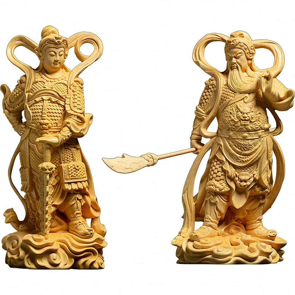 A Pair Natural Boxwood Hand Carved Garan & Wei Tuo Bodhisattva Statue(All 2 Statue Sets)