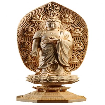 Natural Boxwood Hand Carved Avalokitesvara Ksitigarbha Mahasthamaprapta Boddhisattva Shakyamuni Amitabha Buddha Statue(Stand Shakyamuni Amitabha Buddha)