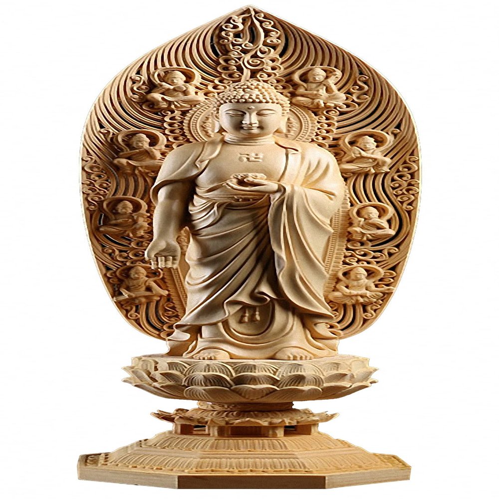 Natural Boxwood Hand Carved Avalokitesvara Ksitigarbha Mahasthamaprapta Boddhisattva Shakyamuni Amitabha Buddha Statue(Stand Shakyamuni Amitabha Buddha)