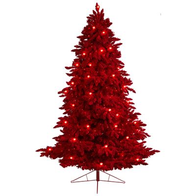 Nearly Natural 8ft. Red Flocked Fraser Fir Artificial Christmas Tree with 700 Red Lights, 45 Globe Bulbs and 1468 Bendable Branches