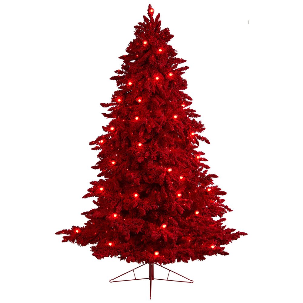 Nearly Natural 8ft. Red Flocked Fraser Fir Artificial Christmas Tree with 700 Red Lights, 45 Globe Bulbs and 1468 Bendable Branches