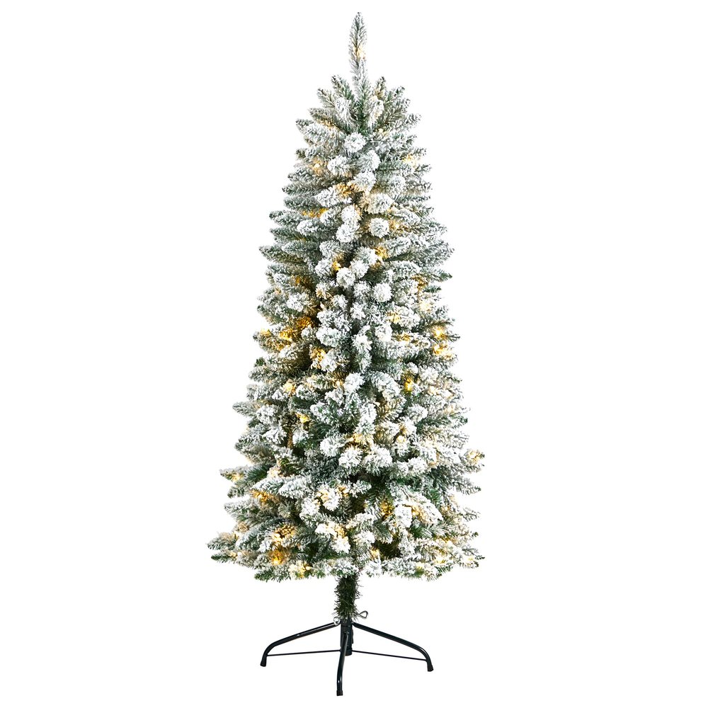 Nearly Natural 5ft Slim Flocked Montreal Fir Artificial Christmas Tree with 150 Warm White LED Lights and 491 Bendable Branches