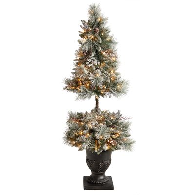 Nearly Natural 5ft. Flocked Artificial Porch Christmas Tree with 100 LED Lights and 186 Bendable Branches in Decorative Urn