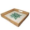 13 Inch Rattan Serving Basket with Green Beige Inlay Nacre Flat Bottom, Square Round Woven Basket Tray with Handles and 2 Inch Raised Side, Handmade Wicker Coffee Table Serving Tray Dcor, Exxacttorch view 1