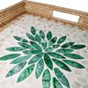 13 Inch Rattan Serving Basket with Green Beige Inlay Nacre Flat Bottom, Square Round Woven Basket Tray with Handles and 2 Inch Raised Side, Handmade Wicker Coffee Table Serving Tray Dcor, Exxacttorch view 4