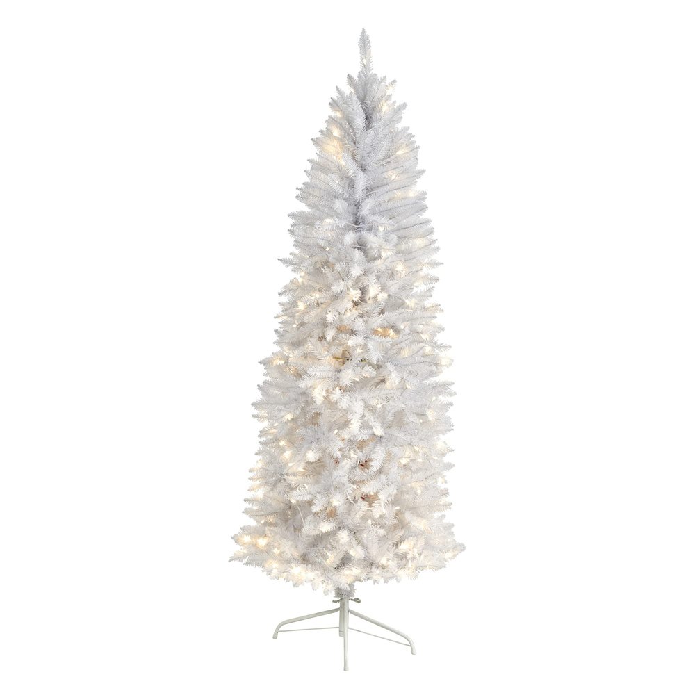 Nearly Natural 6ft. Slim White Artificial Christmas Tree with 250 Warm White LED Lights and 743 Bendable Branches