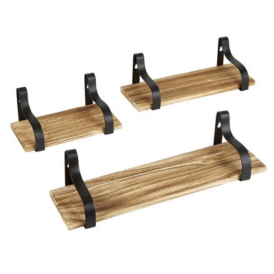 47th & Main Wooden Rectangular Floating Wall Shelf, Set of 3, Natural/Black