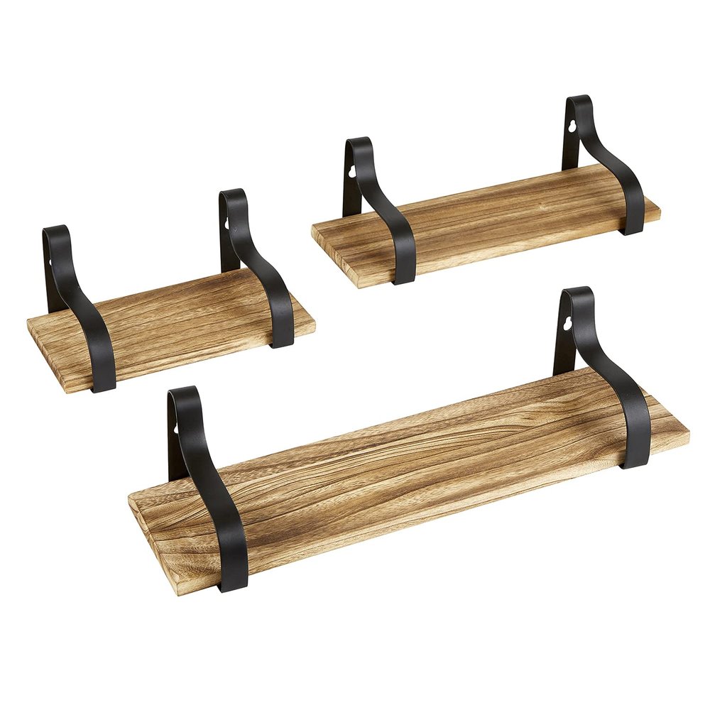 47th & Main Wooden Rectangular Floating Wall Shelf, Set of 3, Natural/Black