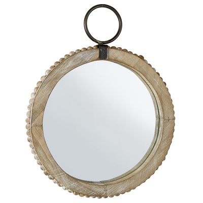 47th & Main Beaded Wood Round Decorative Wall Mirror, 14.57" Diameter, Natural
