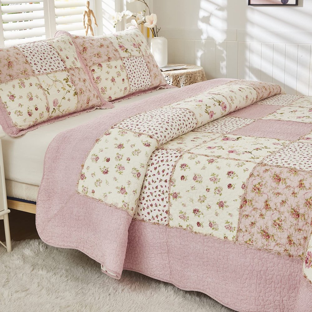 Brandream Queen Quilt Set 100% Cotton Handcrafted Patchwork Quilts Rose Floral Quilt Set Vintage Farmhouse Quilt Bedding Set 3-Piece