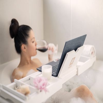 3-in-1 Premium Bathtub Caddy, Laptop Desk & Bed Tray with Extendable Arms and Adjustable Legs - Includes a Free Soap Dish, Two Spa Trays and Tablet/Wine Glass/Candle/Phone Holders - White Bamboo