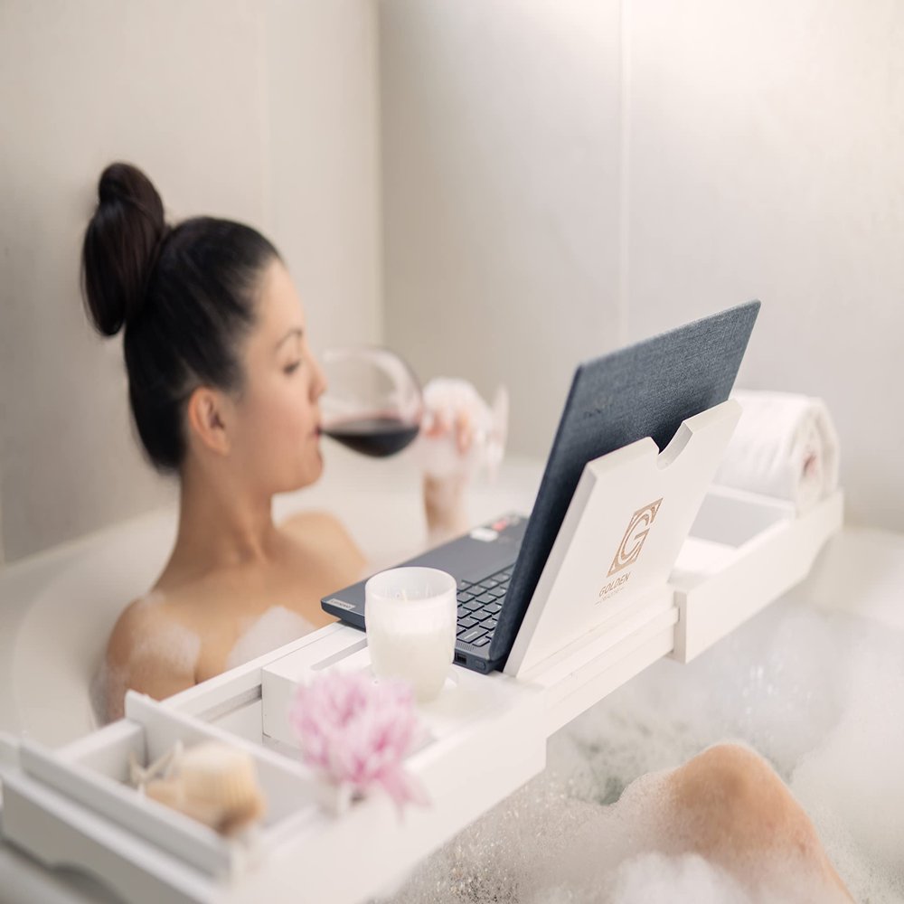 3-in-1 Premium Bathtub Caddy, Laptop Desk & Bed Tray with Extendable Arms and Adjustable Legs - Includes a Free Soap Dish, Two Spa Trays and Tablet/Wine Glass/Candle/Phone Holders - White Bamboo