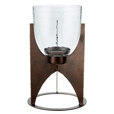 47th & Main Vintage Hurricane Glass Candle Holder, 6" Dia x 12" H, Bronze Stand