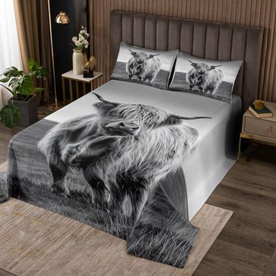 Erosebridal Highland Cow Quilted Animal Coverlet Set Twin Size for Kids Boys Adults Man Longhorn Bull Cattle Bedspread Rustic Farmhouse Quilt Set Bedroom Decor 2 Piece