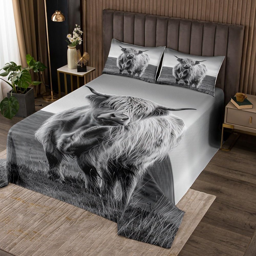 Erosebridal Highland Cow Quilted Animal Coverlet Set Twin Size for Kids Boys Adults Man Longhorn Bull Cattle Bedspread Rustic Farmhouse Quilt Set Bedroom Decor 2 Piece