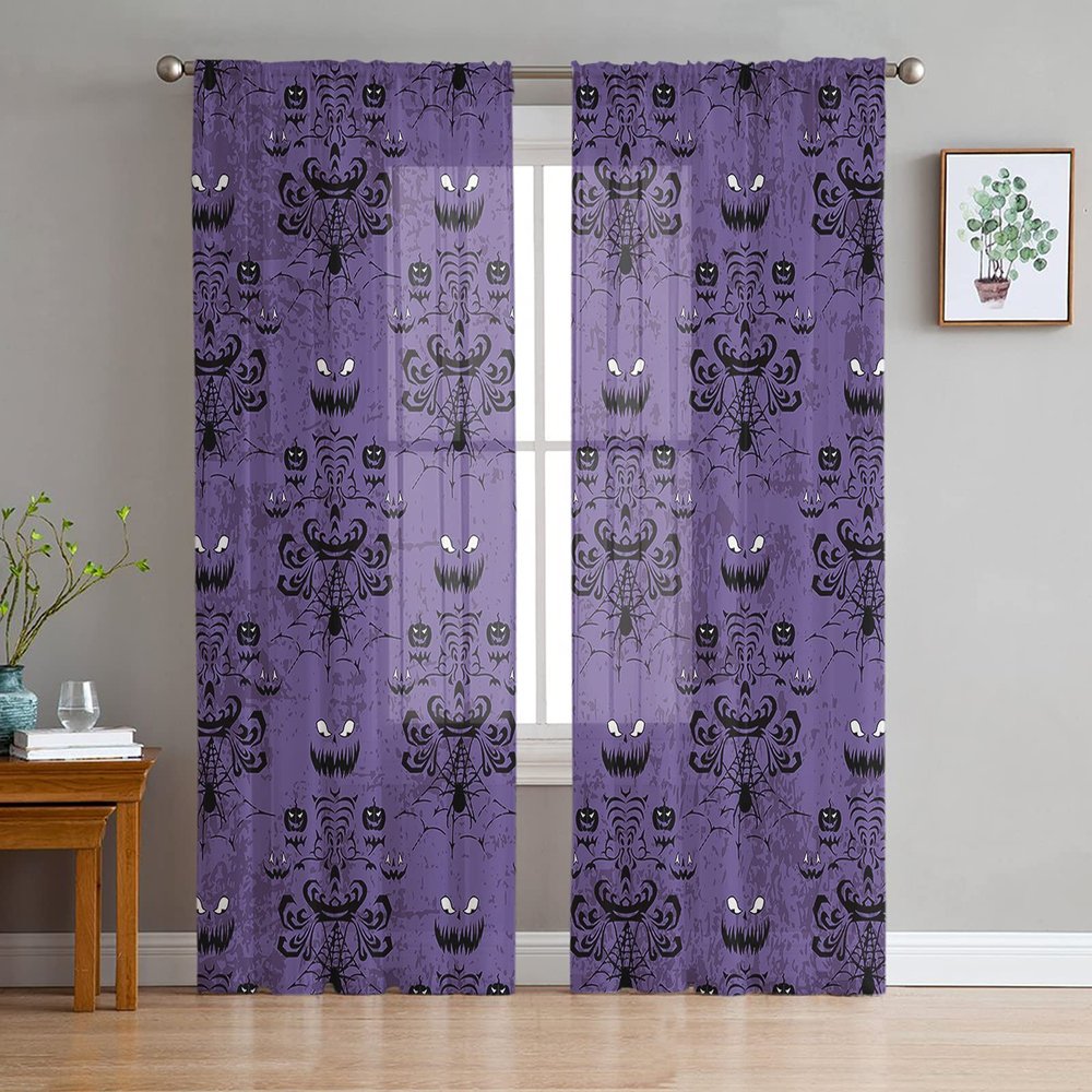 AMZRicher Halloween Haunted House Sheer Curtains 84 Inch Length 2 Panels Set, Halloween Mansion Decor Purple Semi Transparent Voile Rod Pocket Curtains for Living Dining Room Bedroom Drapes