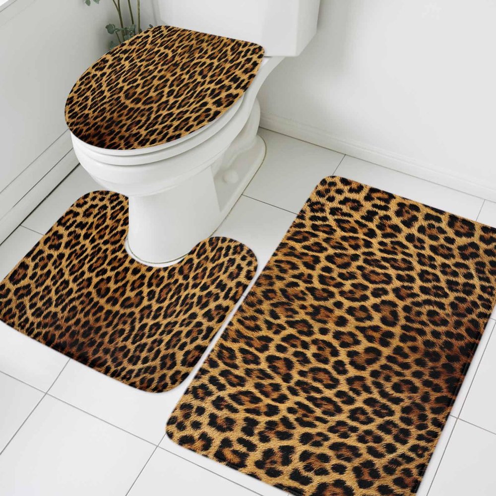 3 Pieces Bathroom Rug Set, Leopard Bathroom Decor Washable Non Slip Water Absorbent Bath Rug, Toilet Seat/Lid Cover, U-Shaped Toilet Mat Floor Rug, Sexy Leopard Skin Cheetah Home Decorations
