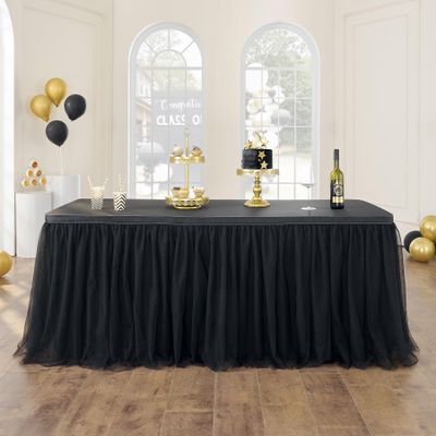 108in Black Tulle Table Skirts for Rectangle Tables 4/6/8ft, 2-Layer Gold Grim Ruffle Tulle Tutu Cloth Table Skirt 9ft Long Decor Birthday Party Wedding Graduation Cake Dessert(No Table Cover)