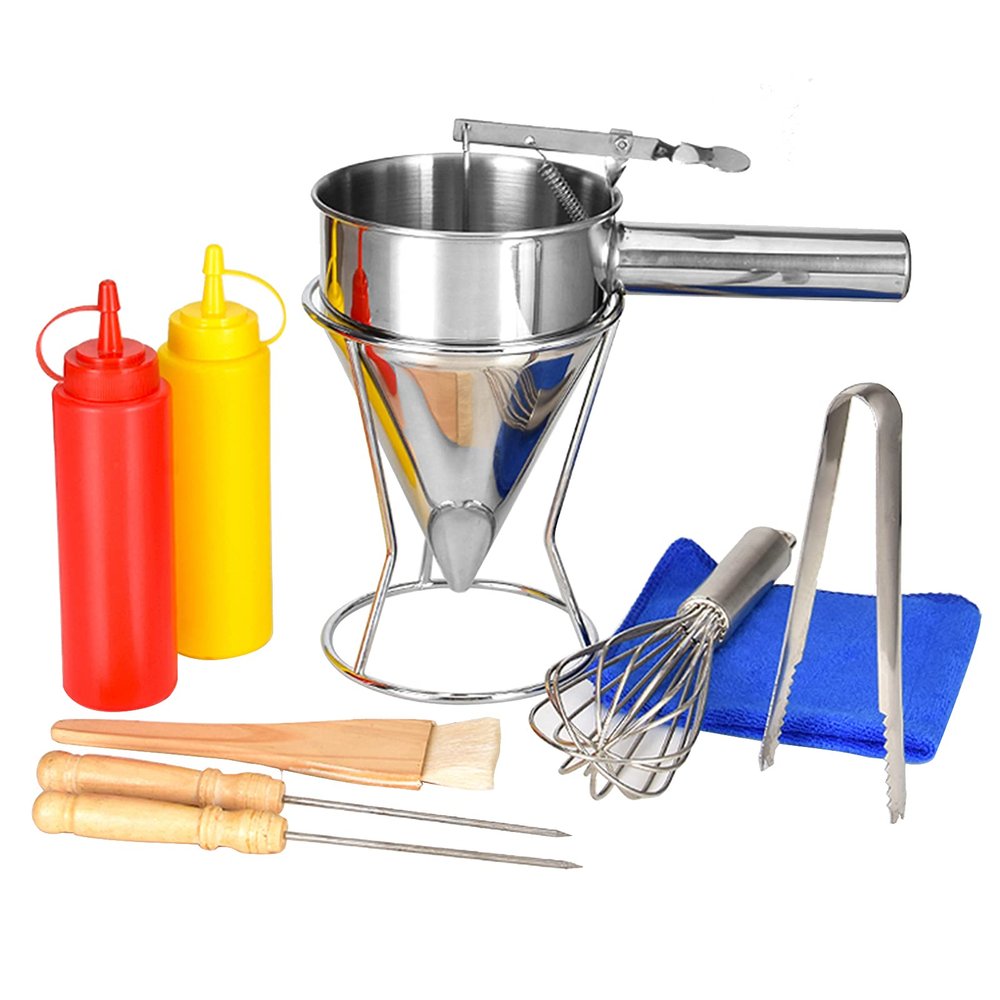 10PCS Pancake Batter Dispenser Funnels - Batter Separator Baking Funnel Tools with Stainless Steel Stand for Batter, Sauce, Dessert