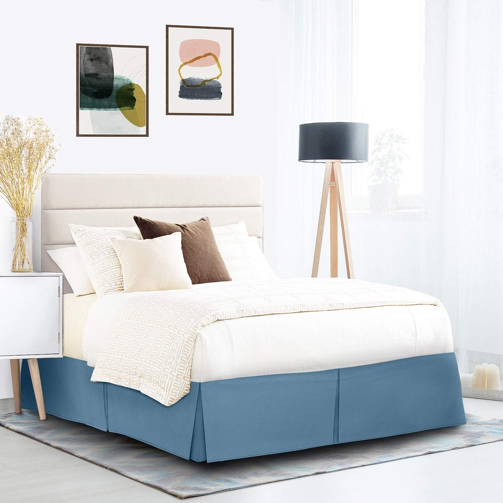 600 Thread Count 100% Cotton 1PC Tailored Pleated Bed Skirt Dust Ruffle Bed Skirt Never Lift Your Mattress Classic 18Drop Length Pleated Styling,Blue Heaven/Split Cal-King