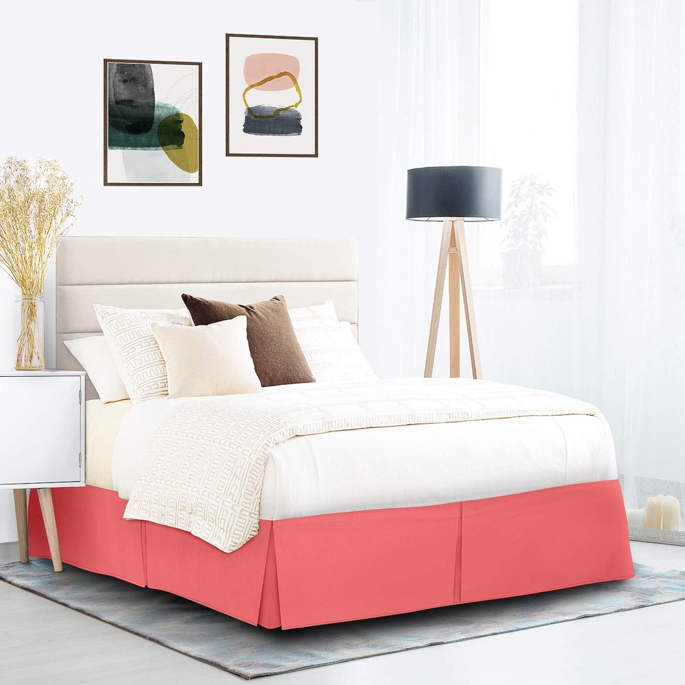 600 Thread Count 100% Cotton 1PC Tailored Pleated Bed Skirt Dust Ruffle Bed Skirt Never Lift Your Mattress Classic 18Drop Length Pleated Styling,Coral/Split Queen