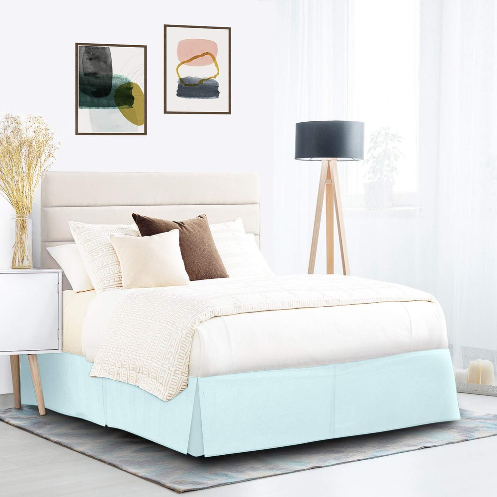 600 Thread Count 100% Cotton 1PC Tailored Pleated Bed Skirt Dust Ruffle Bed Skirt Never Lift Your Mattress Classic 18Drop Length Pleated Styling,Light Blue/Split Queen