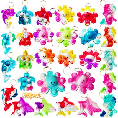 Roaqua 30 Packs Bulk Sea Animal Gifts Octopus sharks turtles dolphins Mini pop Friend Keychain , Birthday Party Favors summer Classroom Students Prize Supplies