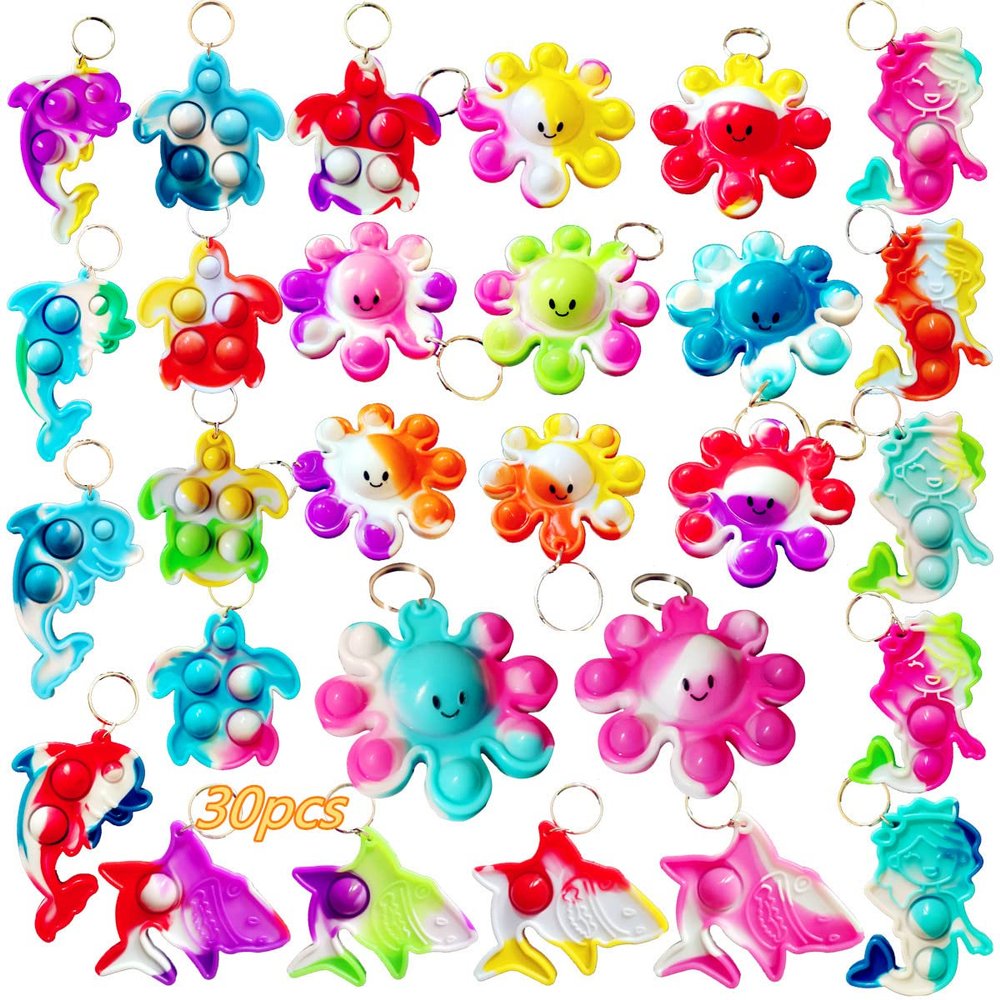 Roaqua 30 Packs Bulk Sea Animal Gifts Octopus sharks turtles dolphins Mini pop Friend Keychain , Birthday Party Favors summer Classroom Students Prize Supplies