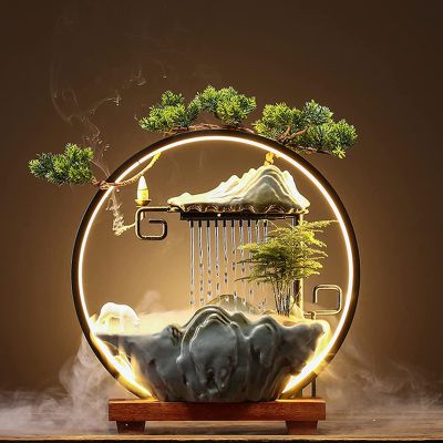 HSINYA Tabletop Water Fountains - Indoor Waterfall with Mist LED - Japanese Indoor Water Fountains for Meditation - Includes Backflow Incense and Fake Plants - Feng Shui Decor for Good Luck and Wealth