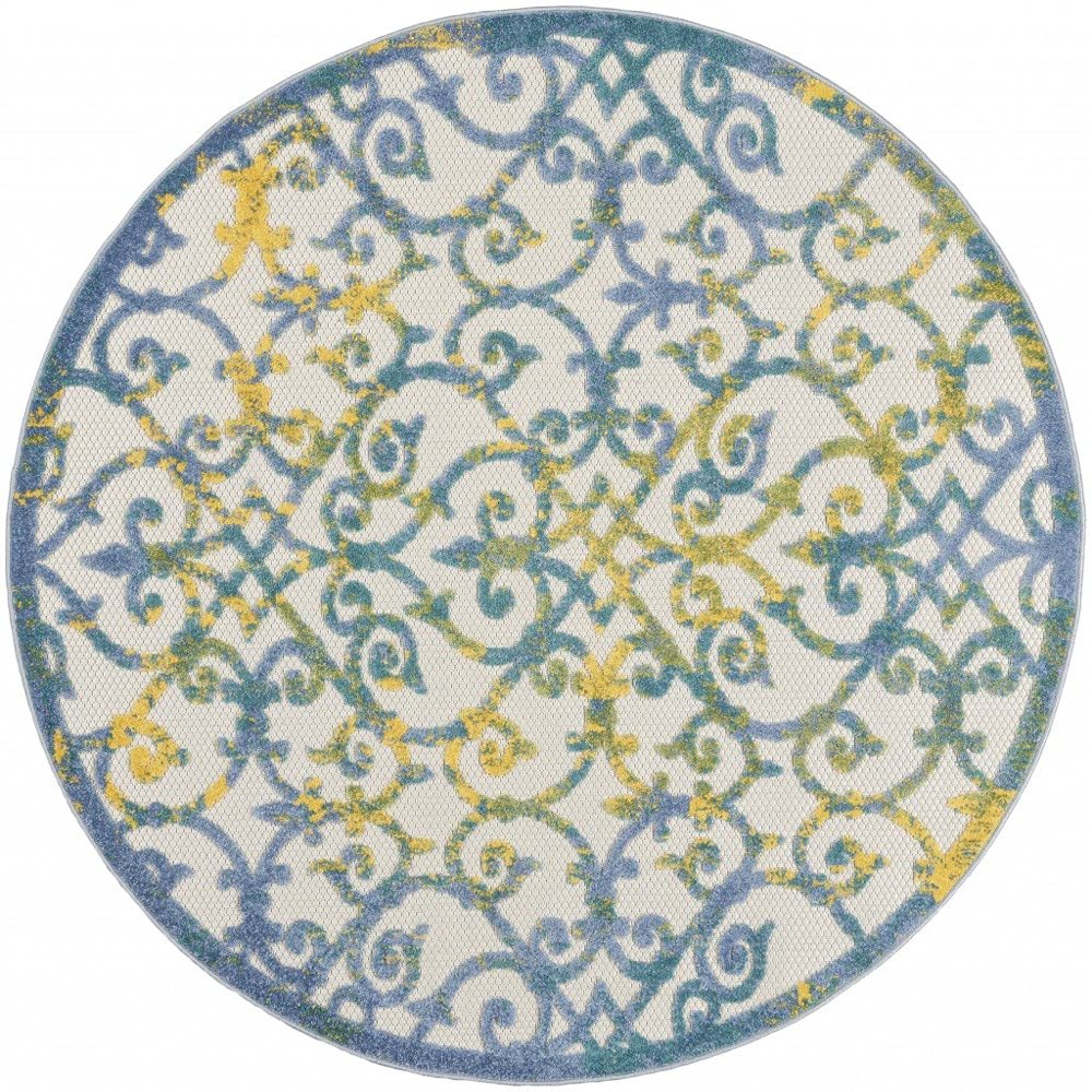 HomeRoots Ivory Blue 100% Polypropylene 4 Round Ivory and Blue Indoor Outdoor Area Rug