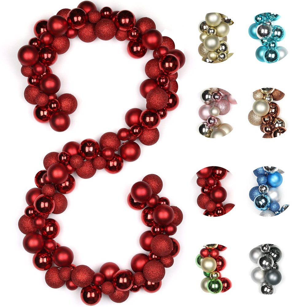 6 FEET Christmas Ball Garland Ornaments Shatterproof Xmas Hanging Balls Decorations for Home Indoor Outdoor Mantel Holiday Party Wedding Tree - Red