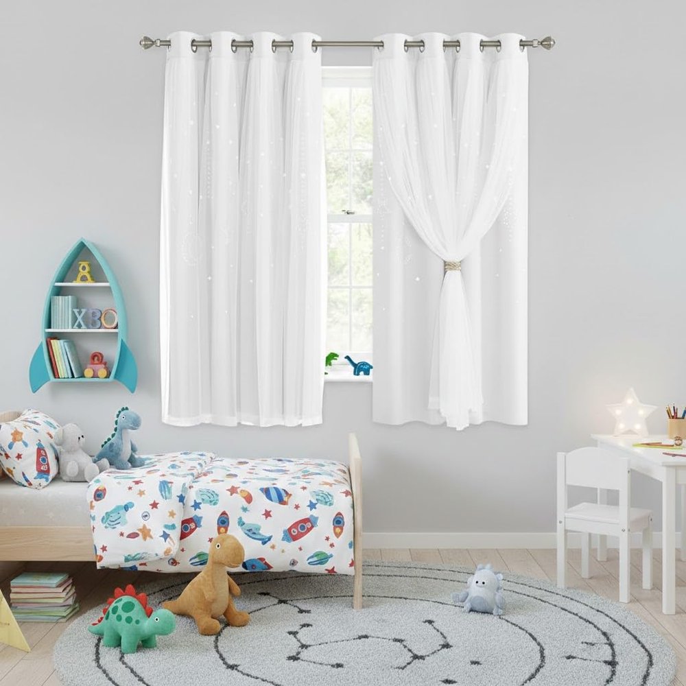 NICETOWN Double Layered Stars and Moon Cut Out Blackout and Sheer Window Curtain Panel for Girls Bedroom, Grommet Window Treatment Drapes for Christmas Decor, 2 Panels, 52W x 63L, Greyish White